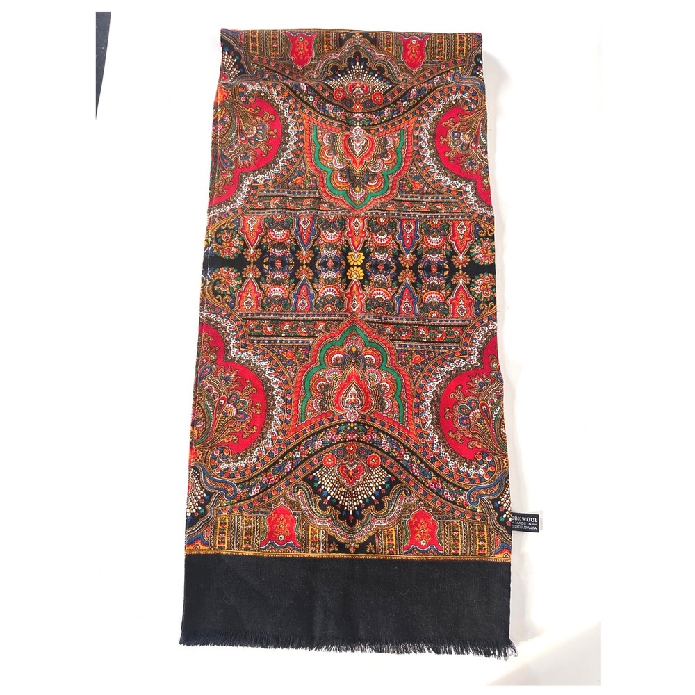 vintage Bonwit Teller Mens Shop Wool Paisley Silk Scarf Red Black Gold‎ Fringe